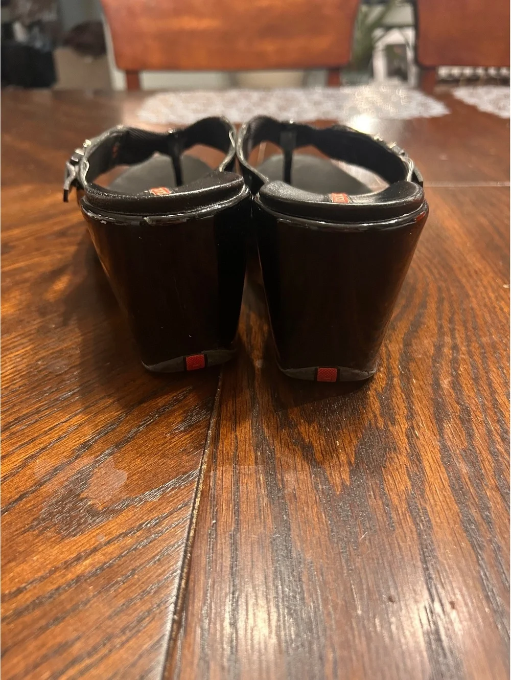 Prada Black Wedge Thong Sandals with Buckle Detail